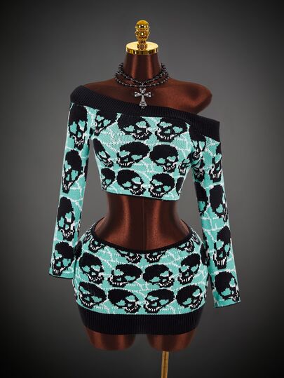 Amplova Women's 2pcs Halloween Set: Off-Shoulder Skull Fitted Long Sleeve Lace Patchwork Contrast Color Top & Ultra Low Waist Fitted Mini Skirt