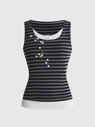 Damen gestreiftes 2-in-1 Tanktop Schwarz Grau Goth Punk Rock Schnürung dekonstruiert Knopf Musikfestival Vintage Unisex