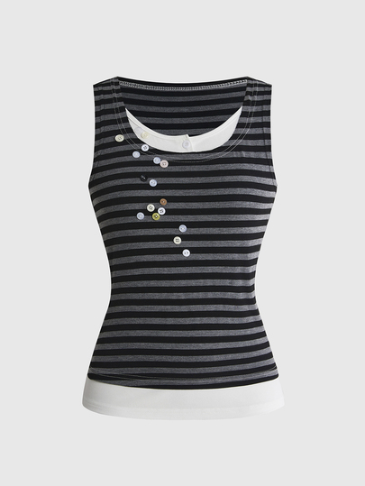 Damen gestreiftes Fake-Zweiteiler Tanktop Schwarz Grau Goth Punk Rock Schnürung dekonstruiert Knopf Musikfestival Vintage Unisex