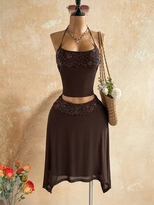 Soleia Women's Vacation Casual Sequin Patchwork Skirt - Brown - View 5