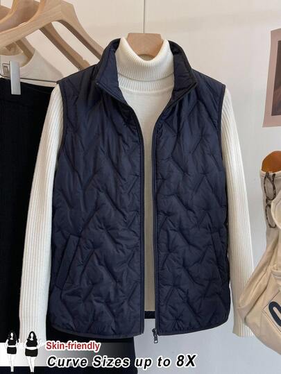 SHEIN CURVE+ Plus Size Solid Color Front Zipper Sleeveless Pockets Padded Casual Coat,