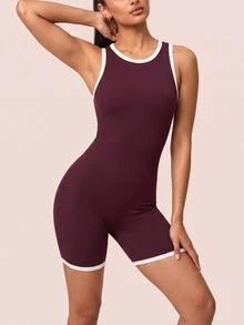 SHEIN BAE Women Burgundy Seamless Backless Athletic Romper Gym Workout Training Running Yoga Sports Bodysuit - Burgundy - View 2