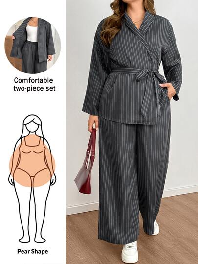 Shapeblank Plus-Size Women's Autumn/Winter Fashionable Casual Loose Comfortable Dark Gray Striped Long-Sleeved Suit Jacket And Wide-Leg Pants Two-Piece Set