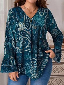 EMERY ROSE Plus Size Autumn Casual Paisley Print Shirt - Multicolor - View 3