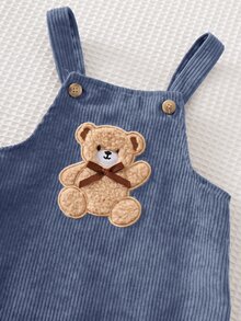 Cozy Pixies Baby Girls Dresses Cute Woven Ribbed Brown Corduroy Pinafore Dress, Adorable Bear Applique Embroidery, Exquisite Detail, Bow Decor, Baby Girl, Suitable For Autumn/Winter, Nordic Style, Mori Style, Cute Style - Dusty Blue - View 5