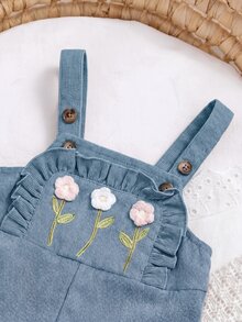 SHEIN 新生女嬰可愛多功能休閒刺繡連身衣，四季皆宜 - 霧霾藍 - 查看 3
