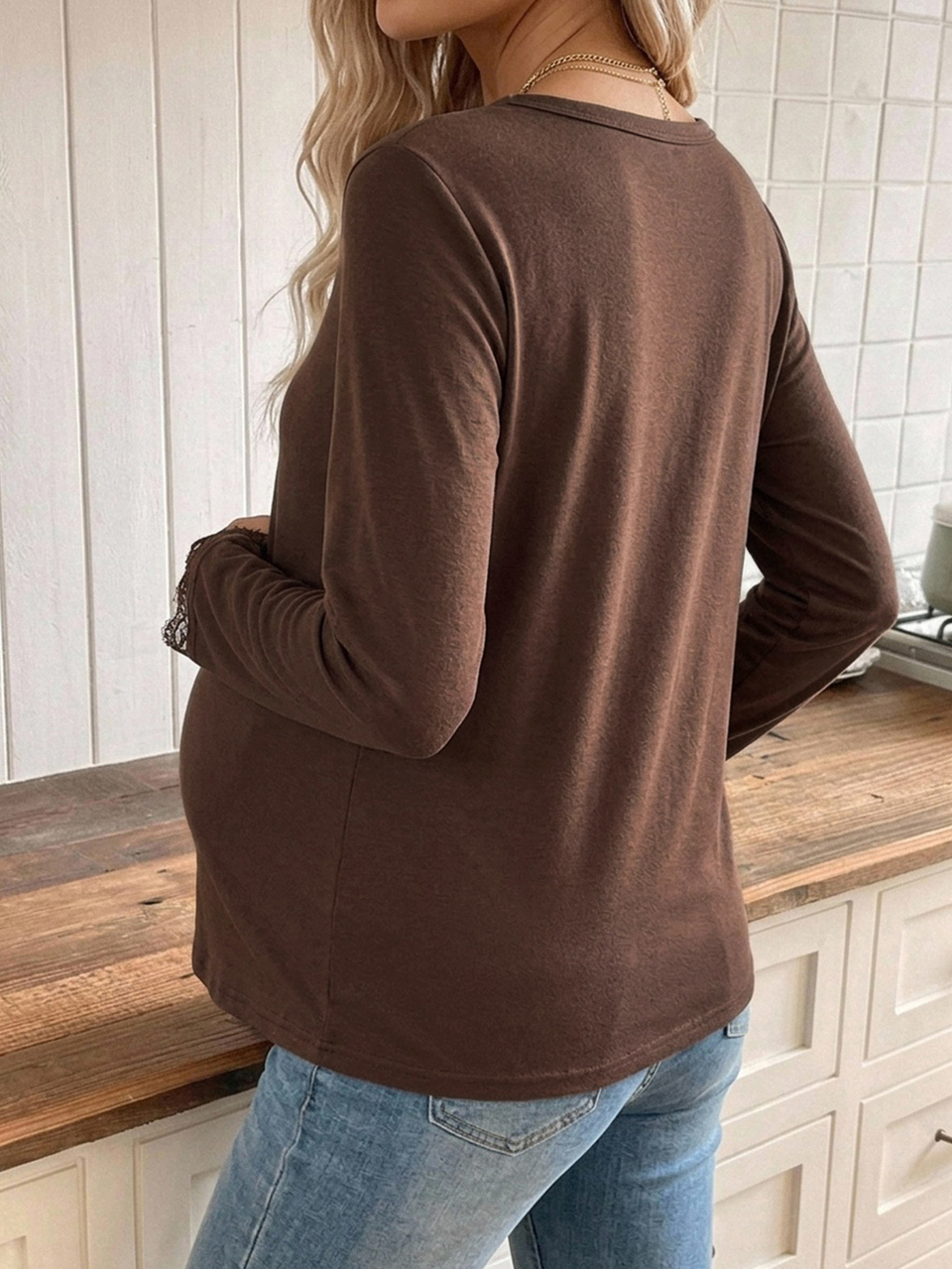 Contrast Lace Trim Loose Long Sleeve Round Neck Casual Vacation Daily Spring Autumn Maternity T-Shirt