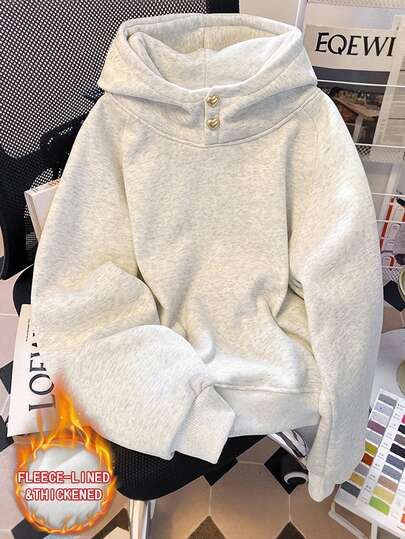 Resyla Women's Autumn/Winter Casual Versatile Thick Fleece Solid Color Heart Button Design Hooded Long Sleeve Sports Sweatshirt