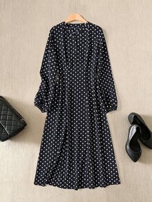 Rusticease Middle-Aged Women Polka Dot Print Round Neck Long Sleeve Casual 1920 Vintage Elegant Dress Office Fancy Black Autumn - Black and White - View 1