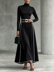 LUMIGAL Autumn Colorblock Trim High Neck A-Line Belted Wrap Casual Versatile Women's Dress - Black - View 4