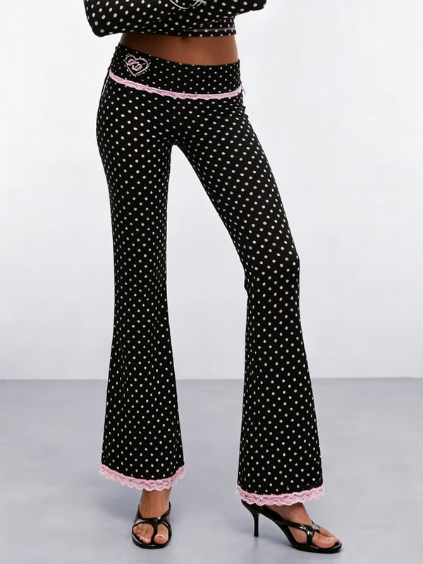 Nooralise Fashionable Hot Girl Y2K Street Style Black & White Polka Dot Heart Print Lace Trim Patchwork Flare Leg Women's Pants