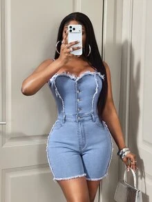 BamGleam Women's Outdoor Fashion Sexy Strapless Frayed Blue Denim Jumpsuit - Light Wash - View 1