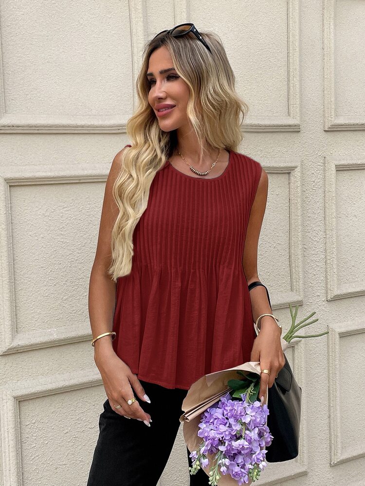 Rusticease Women's Solid Color Pleated Design Round Neck Sleeveless Casual Blouse - Red - View 4