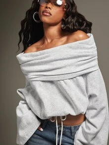 Denimoi Sweatshirt Multi Wear Off Shoulder High Neck Fashion Sweatshirt Lengan Panjang Nyaman Kasual Musim Gugur - Grey - View 7