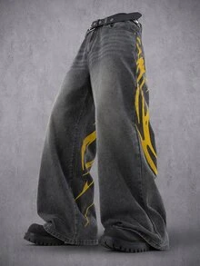 Manfinity Denimwave 男士街頭風哥德式翅膀灰色水洗牛仔寬腿長褲 - 灰色 - 查看 2