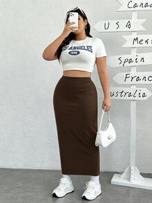 SHEIN EZwear 大尺碼女款純色休閒街頭風百搭日常穿著裙 秋季 正式 度假 棕色 - 棕色 - 查看 5