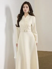 Heiryn Gaun Elegan Wanita Warna Polos Kerah V Lengan Panjang - Aprikot - View 4