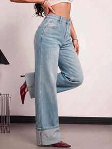 SHEIN PETITE 女款休閒水洗直筒牛仔褲 - 淺色水洗藍 - 查看 6