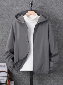 SHEIN 青少年男孩休閒字母圖案印花連帽夾克，輕量寬鬆版型拉鍊連帽外套 - 灰色 - 查看 2