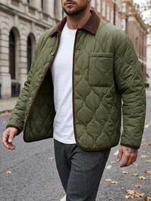 DAZY Jaket Mantel Pria Bertekstur Quilted Warna Hijau Army Patchwork - Hijau Tentara - View 7