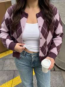 Livesso Contrast Color Patchwork Plaid Design Casual Loose Fit Sweater Cardigan - Purple - View 6