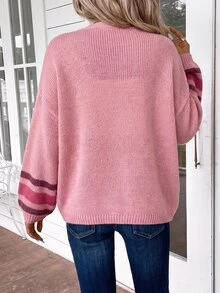 EMERY ROSE Plus Size Women's Colorblock Casual Versatile Daily Cardigan - Pink - View 2