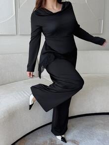 Vibekara Women's Solid Black Draped Cowl Neck Lace Patchwork Asymmetrical Hem Long Sleeve Top Paired With Solid Black Casual Style Pants, Daily Commute Two Pieces Set, Vacation Travel Wear, Holiday Elegant Style Two Pieces Set, Y2K Two Pieces Set - Black - View 8