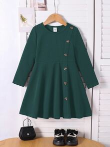 Emery Rose Kids Emery Rose Kids 女童優雅休閒圓領套頭開衩設計短袖中長洋裝，適合學校、日常休閒，秋冬穿著 - 綠色 - 查看 5