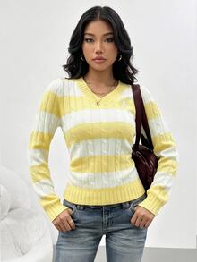 SHEIN 青少年女孩條紋V領學院風拼色針織修身舒適套頭毛衣 - 黃色 - 查看 7