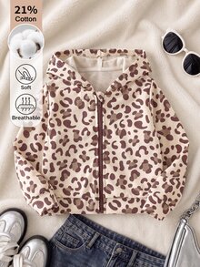SHEIN Playful Pals 1件少女復古街頭風豹紋透氣休閒長袖連帽拉鍊運動外套，開學季秋季穿搭 - 彩色 - 查看 4