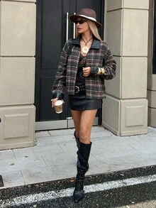 Livesso Dark Gray & Red Plaid Leather Patchwork Lapel Loose Drop Shoulder Long Sleeve Vintage Casual Versatile Jacket Fall - Multicolor - View 6