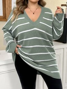 SHEIN CURVE+ Black White V Neck Striped Pattern Drop Shoulder Sweater,Knitted Sweater In Fall/Winter - Green - View 7
