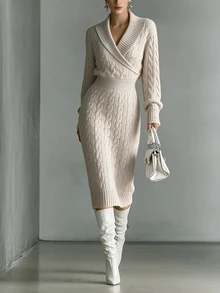 SHEIN Women Fall Winter Shawl Collar Cable Knit Dress Surplice V-Neck Long Sleeve Bodycon Midi Dress - Apricot - View 2