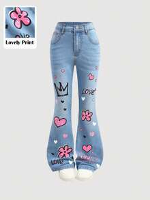 SHEIN 女童皇冠與花卉塗鴉圖案藍色丹寧彈性緊身喇叭褲 西部牛仔女郎風 - 藍色 - 查看 2