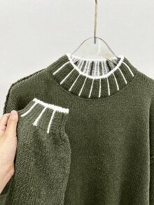 SHEIN LUNE 女款拼色休閒百搭日常穿著長袖針織衫 - 軍綠色 - 查看 5