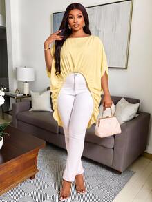 Brilight Batwing Sleeve Front Elastic Ruched Cutout Oversized Elegant Loose Blouse For Beach Going Out Vacation Casual Streetwe Pale Yellow Summer - Light Yellow - View 1