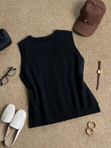 Grovea Plus Size Women's Knight Pattern Single-Breasted Knit Vest - Black - View 2
