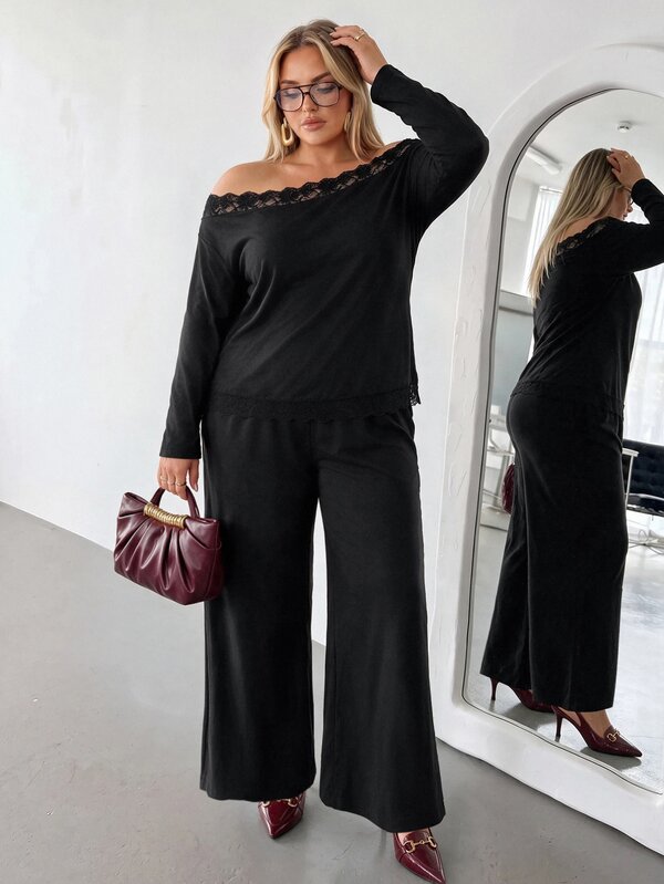 Auralis Plus Size Women's 2 Pieces Set, Black One-Shoulder Lace Patchwork Long Sleeve Top And Elastic Waist Loose Straight Leg Pants, Minimalist Fashion Comfortable Elegant