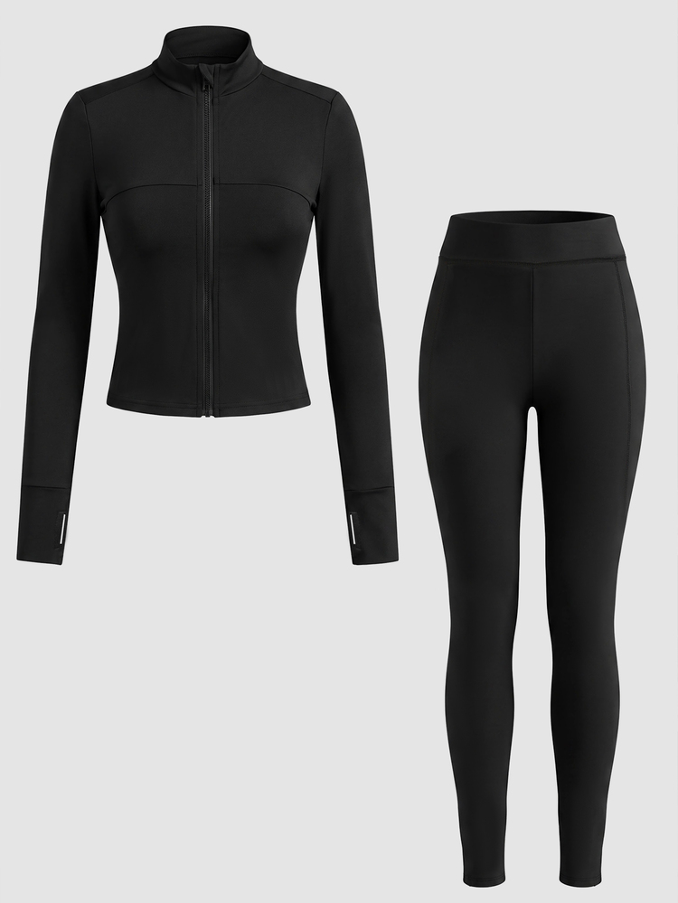 SHEIN Tween Girl Tween Girl Knitted Black Stand Collar Zip-Up Fitted Casual Sports Outfit With Leggings Set, Sports Set, College Set, Jogging Set - Black - View 5