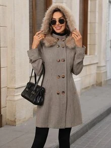 EMERY ROSE Women's Autumn/Winter Casual Elegant Plaid Vintage Collar Wool Blend Jacket Winter Jacket Brown Jacket - Coffee Brown - View 4