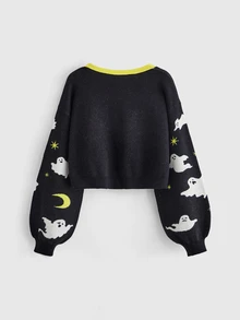 ROMWE Goth Halloween Black Open Front Jacquard Ghost Gradient Star Women's Cardigan Sweater - Black - View 2