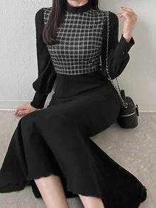 FRIFUL Women's Houndstooth Stand Collar Long Sleeve Elegant Dress - Black - View 1