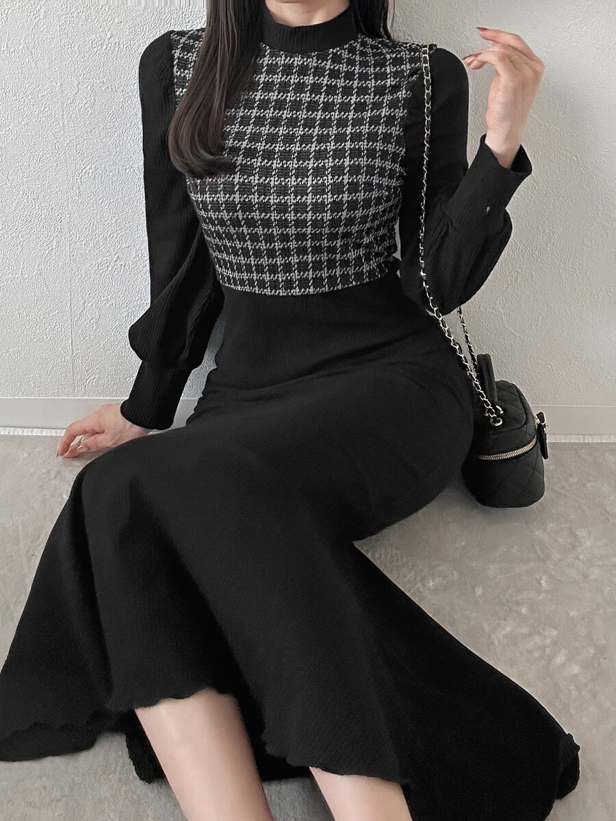 FRIFUL Women's Houndstooth Stand Collar Long Sleeve Elegant Dress - Black - View 1