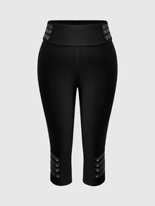 ROMWE Grunge Punk Celana Panjang Wanita Ukuran Besar Gaya Punk Militer 7/8 dengan Desain Kancing Napoleon, Dekorasi Paku Keling, Potongan Ramping, Pakaian Kasual Streetwear - Hitam - View 1