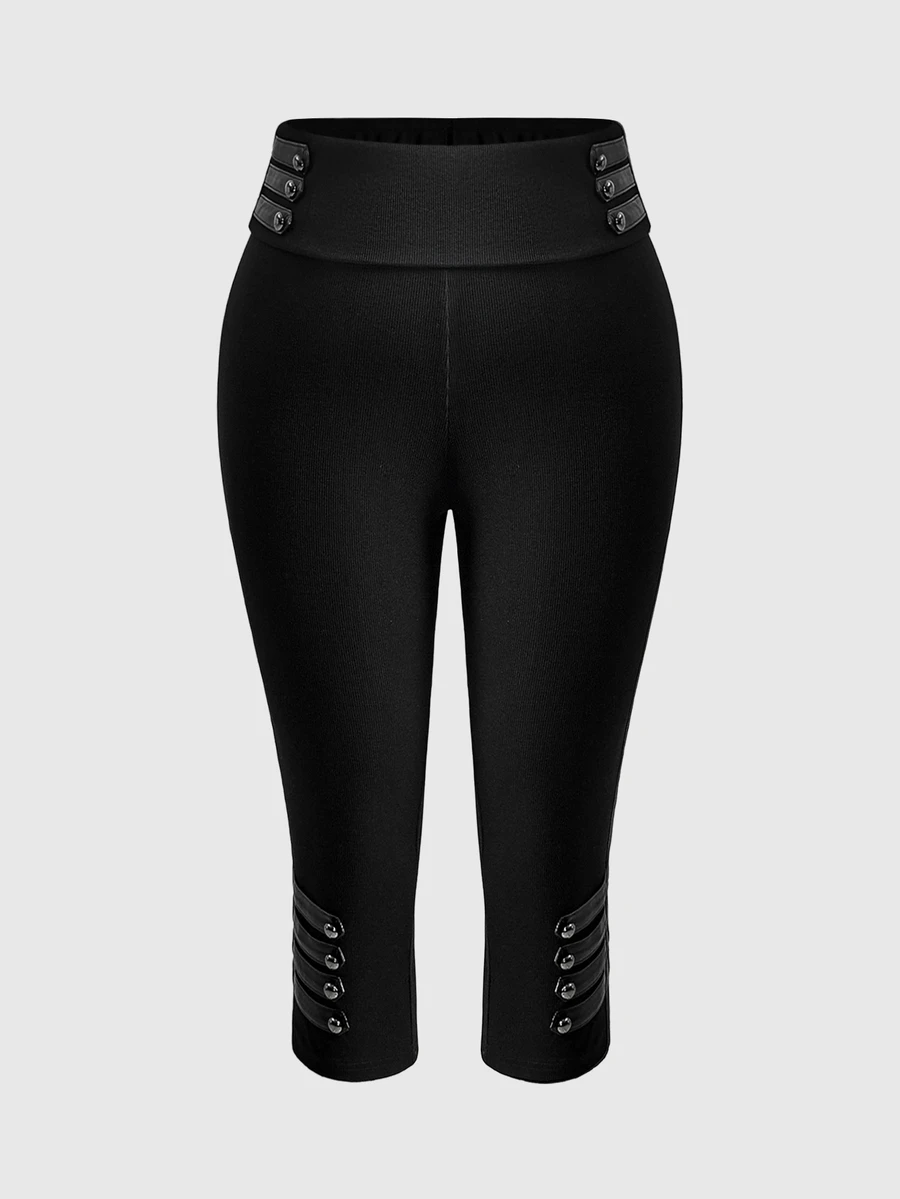 ROMWE Grunge Punk Celana Panjang Wanita Ukuran Besar Gaya Punk Militer 7/8 dengan Desain Kancing Napoleon, Dekorasi Paku Keling, Potongan Ramping, Pakaian Kasual Streetwear - Hitam - View 1