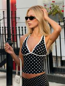 SHEIN Sports Spring/Summer Polka Dot Print Halter Neck Tie-Up Sports Tank Top - Black and White - View 3