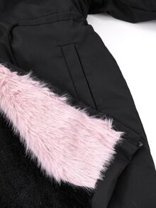 SHEIN 少女款毛毛領連帽派克夾克外套 抽繩收腰長版冬季保暖大衣 - 黑色 - 查看 7
