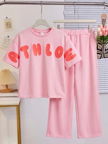 SHEIN Casuvi 女童服飾 2件套，蝴蝶結裝飾，側邊設計，可愛，聖誕節，返校季 - 粉色 - 查看 3