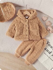 SHEIN Newborn Cute 3D Bear Fabric Double-Sided Plush Hooded Open Front Winter Jacket - Brown - View 1
