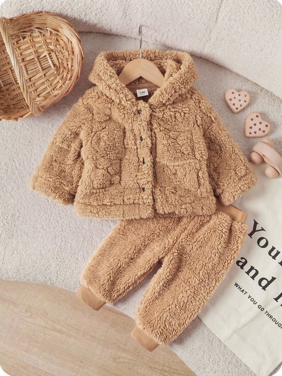 SHEIN Newborn Cute 3D Bear Fabric Double-Sided Plush Hooded Open Front Winter Jacket - Brown - View 1